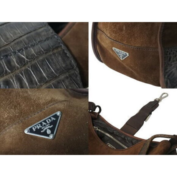 Prada Shoulder Bag Crocodile Ray Cow Tiger Eye Studs Suede Brown - Picture 7 of 8